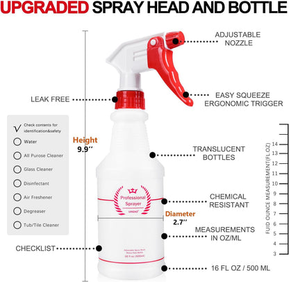 Uineko Plastic Spray Bottle (4 Pack, 24 Oz, All-Purpose) Heavy Duty Spraying Bottles Leak Proof Mist Empty Water Bottle for Cleaning Solution Planting Pet with Adjustable Nozzle and Measurements