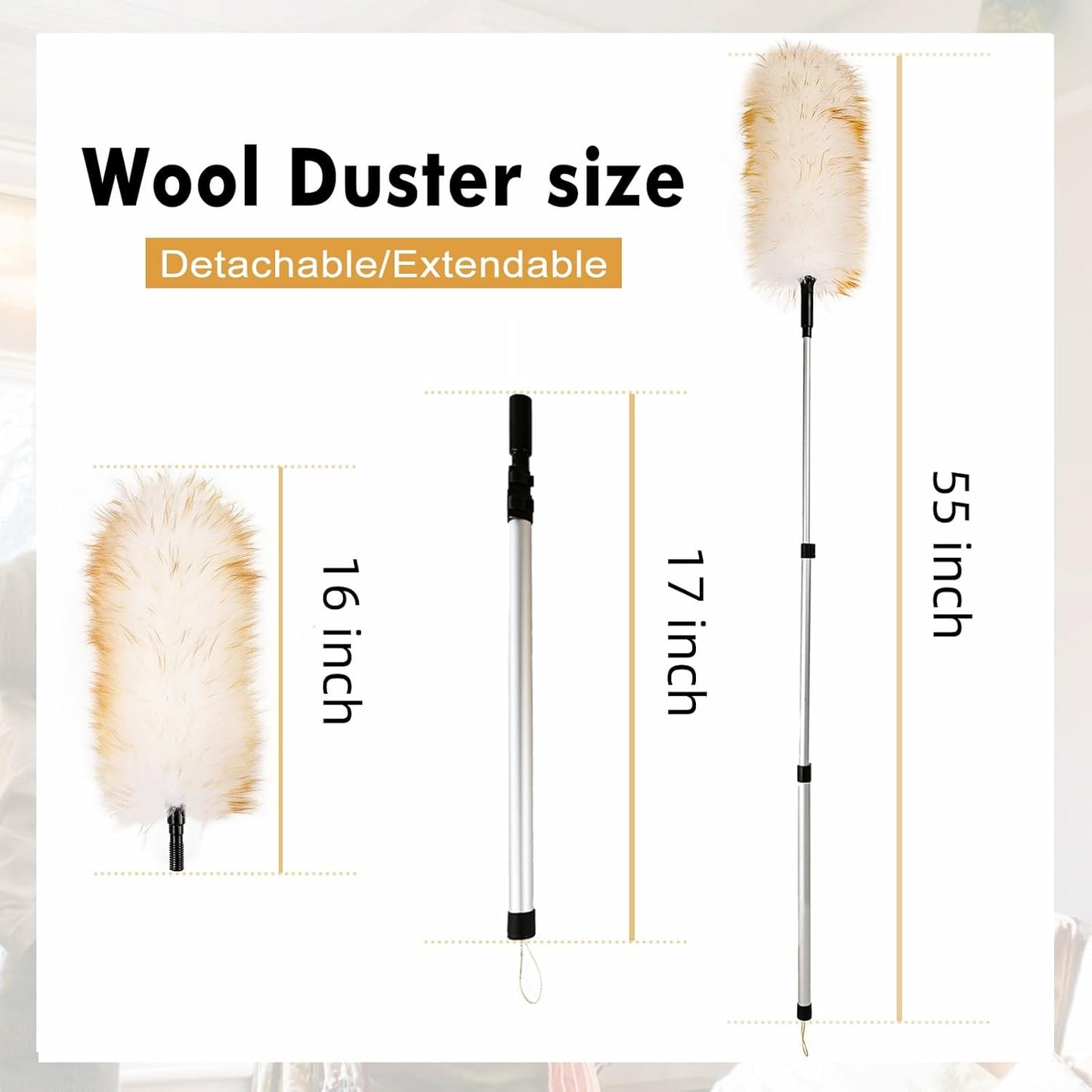 Lambswool Extendable Duster 29-110 Inch, Anti-Static Flexible Head, Stainless Steel Pole for High Ceilings, Fans, Interior & Roof Dusting.