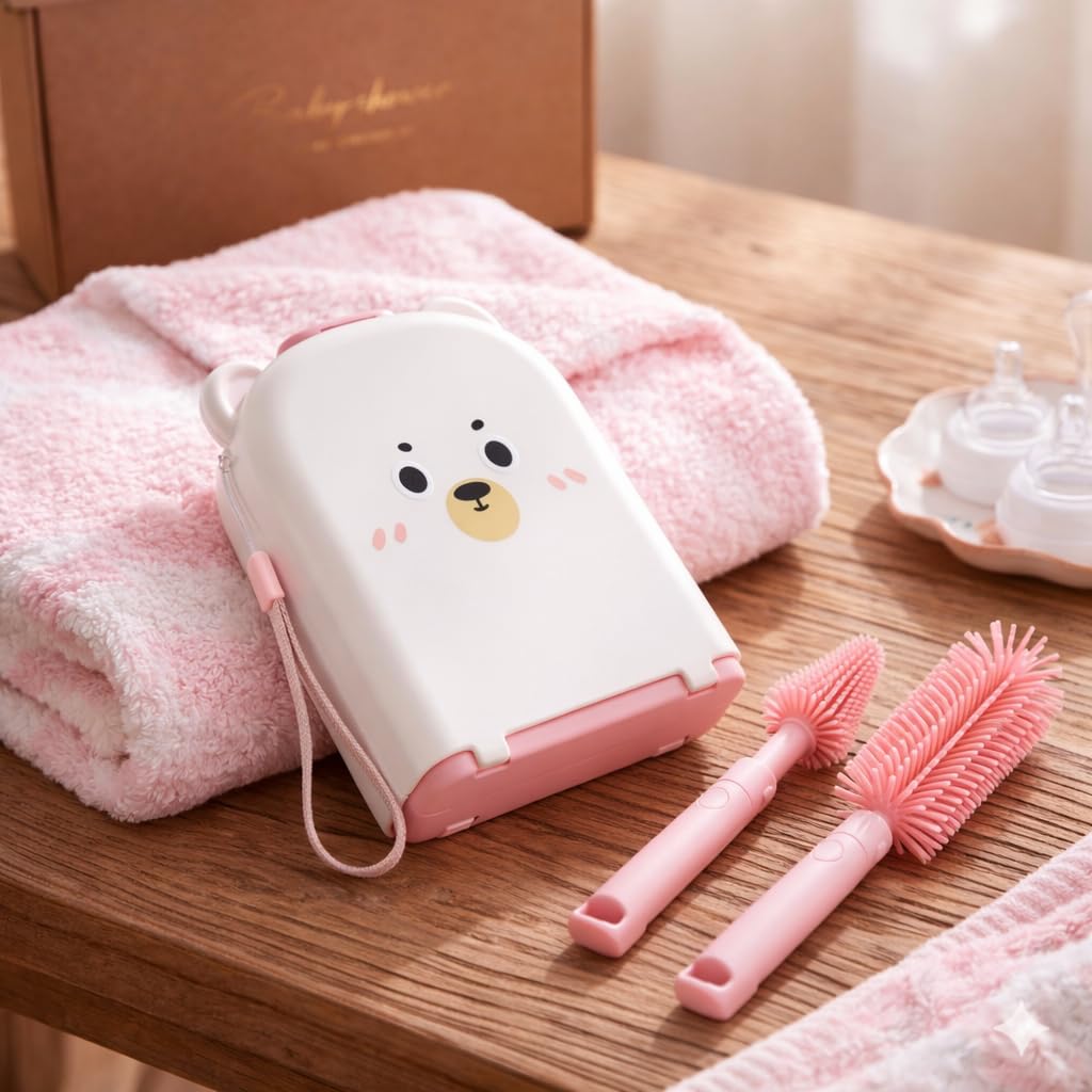 Travel Bottle Cleaner kit, 7in1 Baby Toddler Travel Essential Silicone Bottle Brush Set, Nipple, Drying Rack, Straw, & Breast Pump Cleaning, Soap Dispenser & Organizer Case, Gift Mom