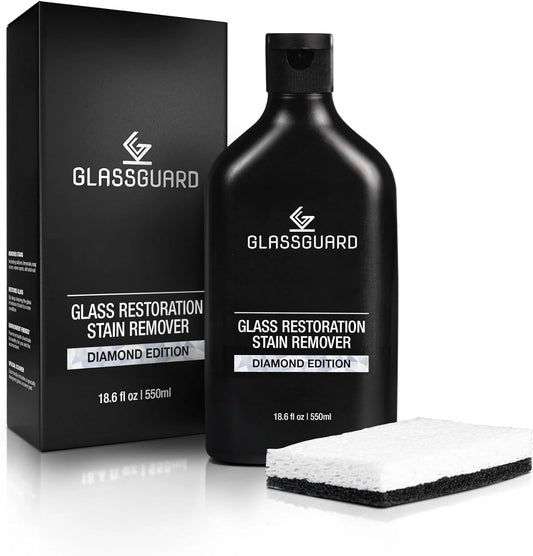 GlassGuard Glass Restoration Stain Remover to Clean Shower Doors | Glass Cleaner for Hard Water Stains, Water Spot, Soap Scum & Limescale | Tile & Bathtub Spot Cleaner with A Scouring Pad | 250ML