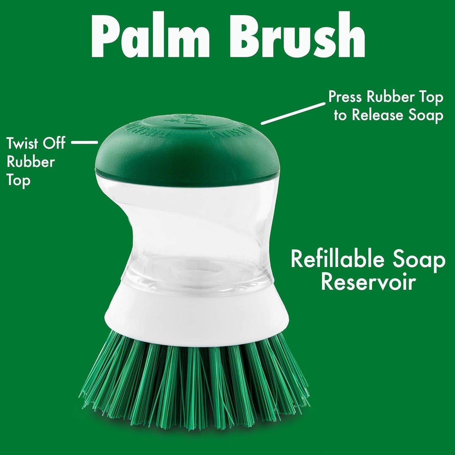 Soap Dispensing Palm Scrub Brush - Made in The USA - Heavy Duty Kitchen Dish Scrubber with Ergonomic Non-Slip Grip for Dishes, Pots, Pans, and Sink Cleaning