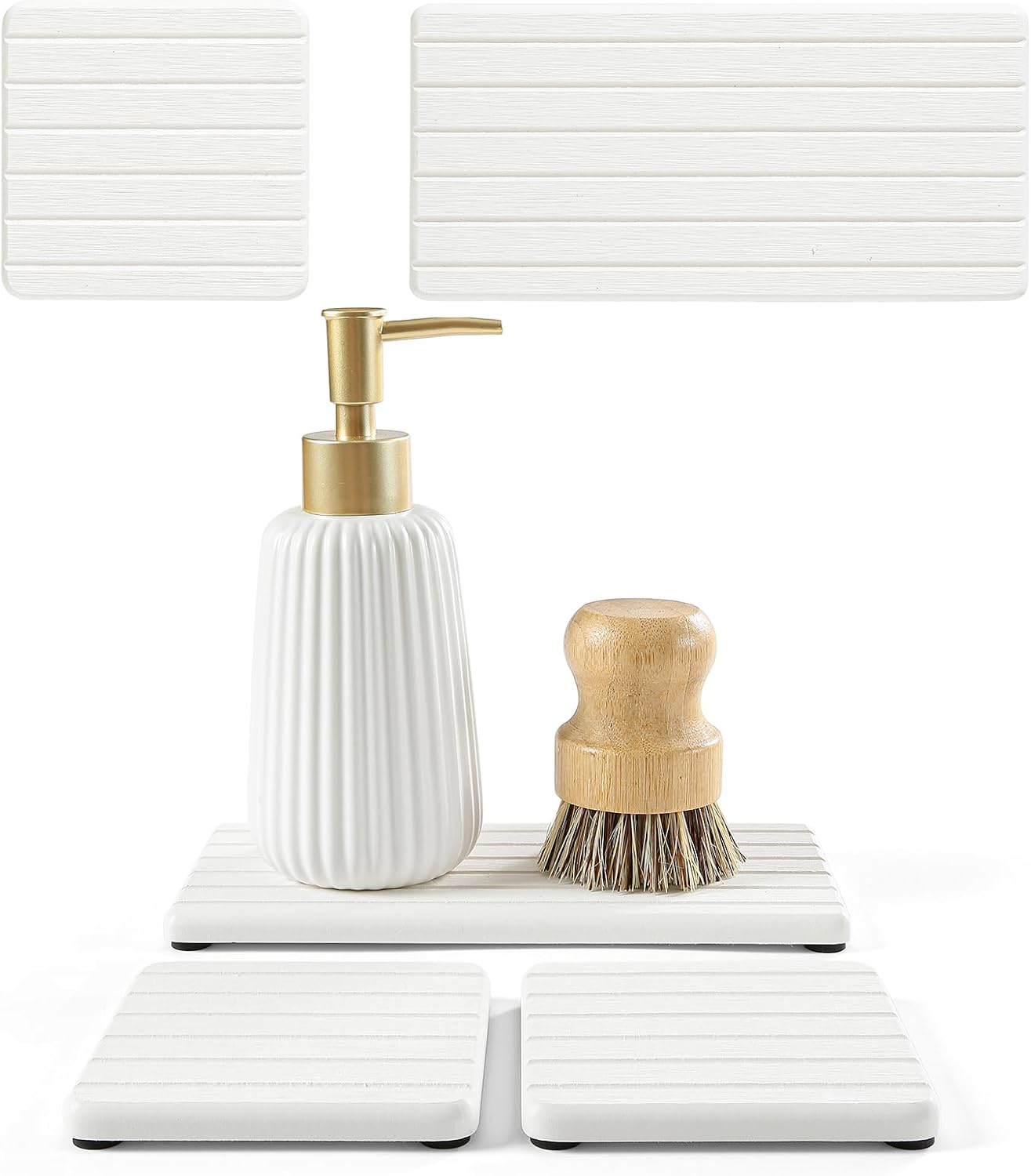 Fast Water Absorption Sink Organizer Tray Set, 3-Pack Compact and Space-Saving Stone Soap Holder Caddy for Kitchen & Bathroom Counter, Faucet Splash Guard, White (1pc of 8"x3.8" + 2pcs of 3.8"x3.8")