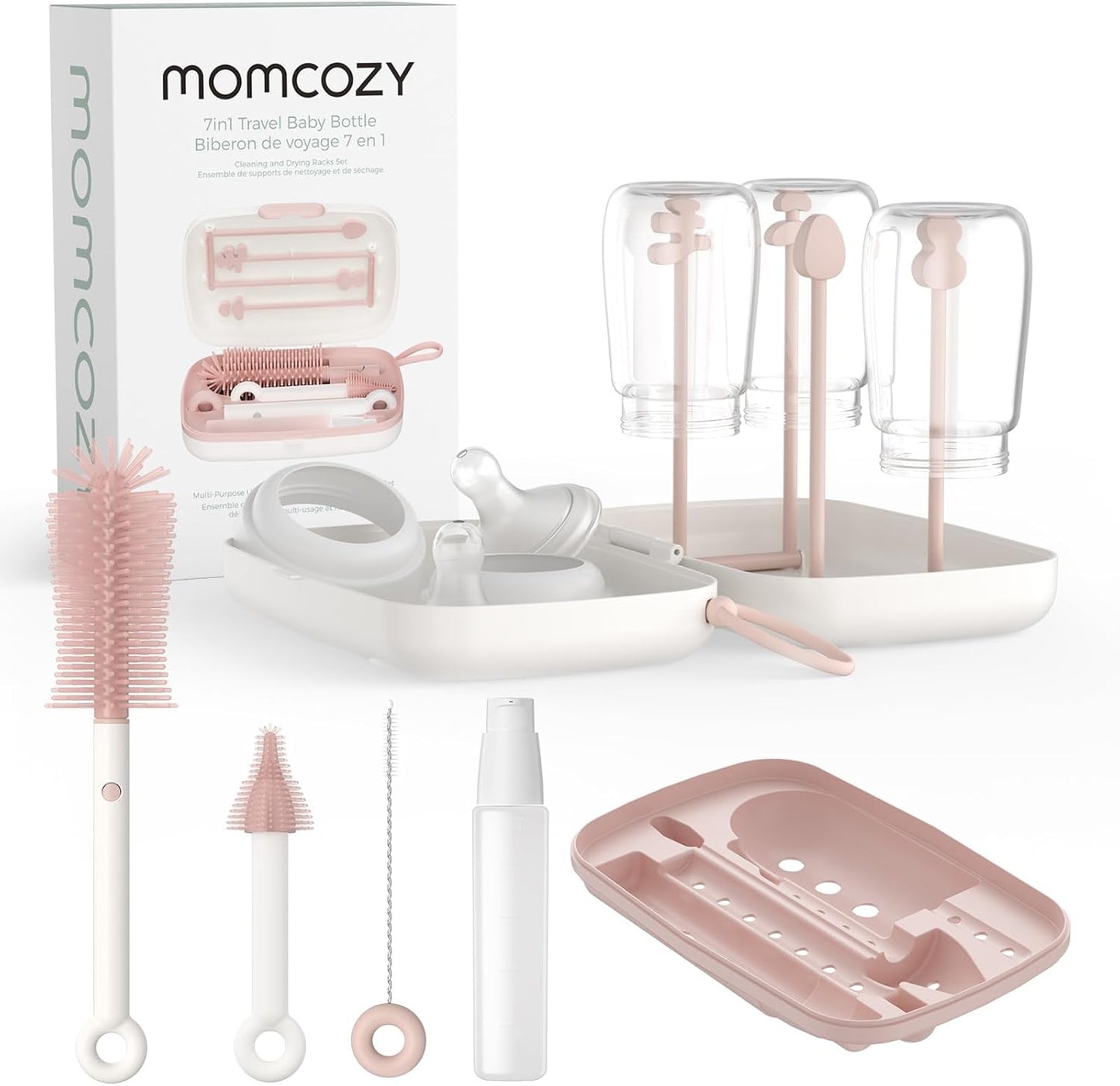 Momcozy Bottle Brush Set - Baby Bottle Cleaner Kit with Silicone Brush, Nipple Brush, Straw Brush, Soap Dispenser, Drying Rack - 7 in 1 Bottle Cleaning Tool for Home and Travel, Green