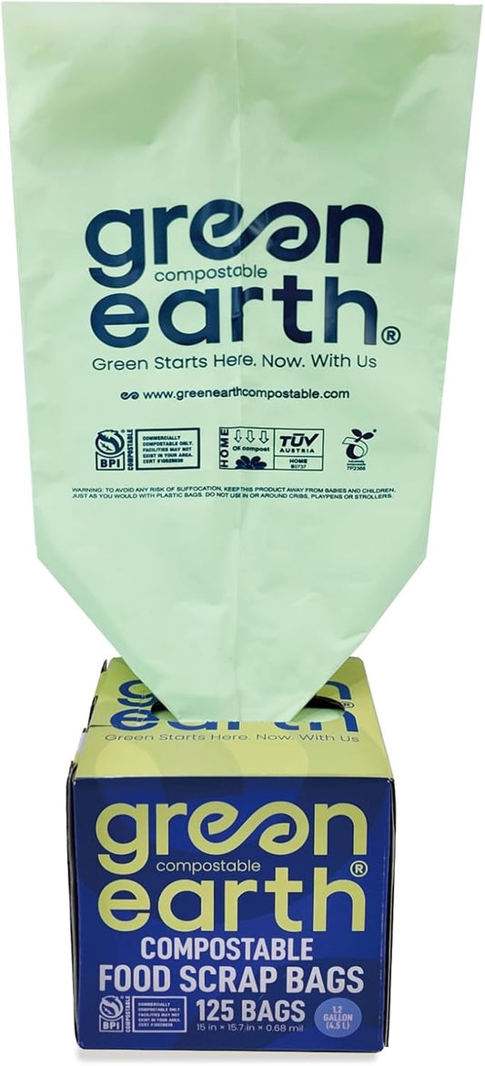 Green Earth Compostable Tall Kitchen Food Scrap Trash Bags, Superior Strength 0.9 Mil, Compost Bin Compatible, 13 Gallon, 49 Liter, 50-Count, ASTM D6400, BPI (US) & OK Compost Home (EU) Certified