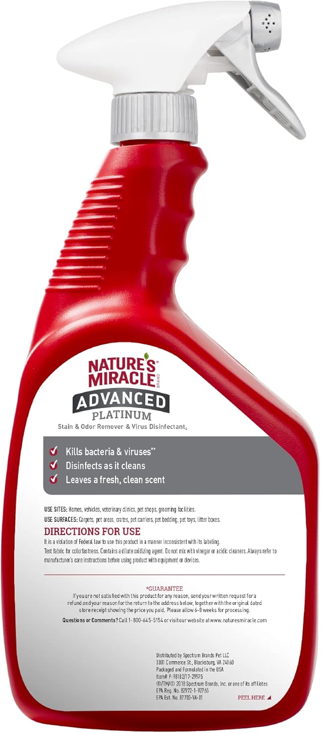 Nature’s Miracle Advanced Platinum Stain and Odor Remover and Virus Disinfectant, 32 Ounces, Disinfects and Cleans