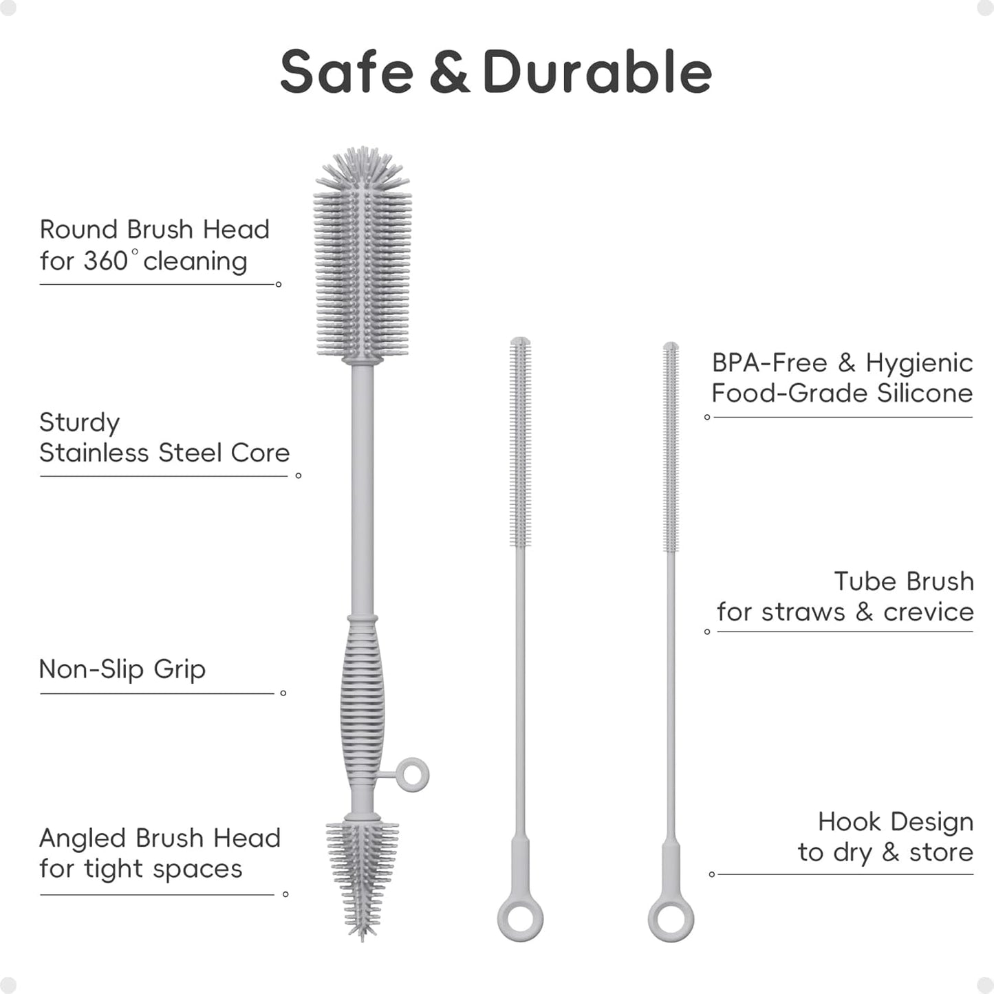 Reusable Silicone Straw Cleaner Brush Set, 2-Pack Extra Long Straw Cleaning Brush for Metal Glass Water Bottle Drinking Straws, Flexible&Bendable Design, Dishwasher Safe, 6mm & 8mm Diameter