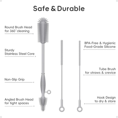 Reusable Silicone Straw Cleaner Brush Set, 2-Pack Extra Long Straw Cleaning Brush for Metal Glass Water Bottle Drinking Straws, Flexible&Bendable Design, Dishwasher Safe, 6mm & 8mm Diameter