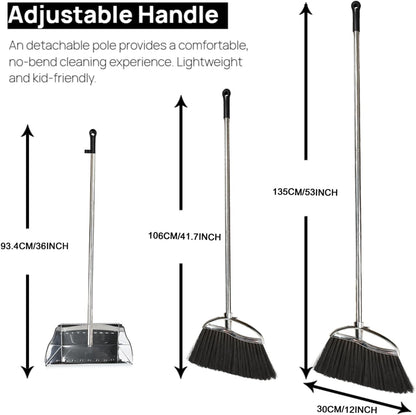 Indoor Broom and Dustpan Comb Set,Heavy Duty Stainless Steel Metal Dust Pan with Long Handle Sweeping Soft Bristles Broom for Floor Home Lobby Office