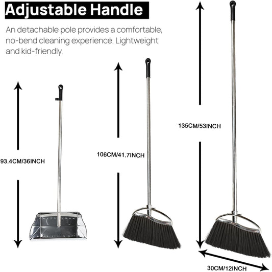 Indoor Broom and Dustpan Comb Set,Heavy Duty Stainless Steel Metal Dust Pan with Long Handle Sweeping Soft Bristles Broom for Floor Home Lobby Office
