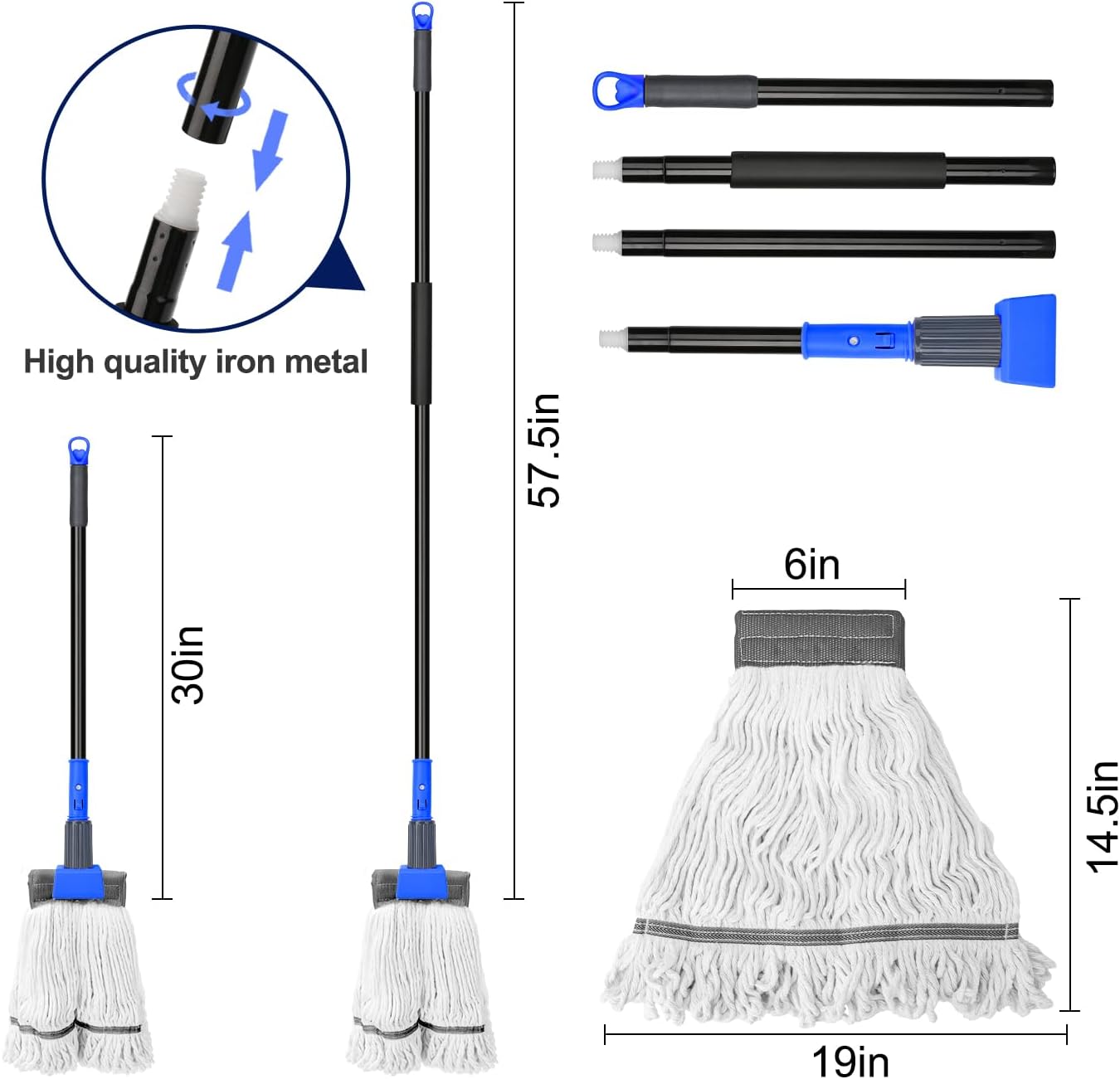 KeFanta Commercial Mop Heavy Duty Industrial Mop with Long Handle,60" Looped-End String Wet Cotton Mops for Floor Cleaning,Home,Kitchen,Office,Garage and Concrete/Tile Floor