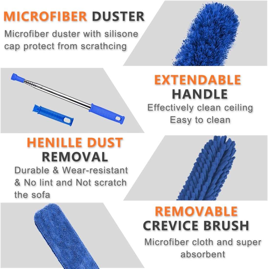 Professional Microfiber Feather Dusters for Cleaning, 6PCS Extendable Bendable Dusters with 100" Telescopic Pole, Washable & Reusable Cleaning Kit for Ceiling Fans, Blinds, Hard-to-Reach Areas (Blue)