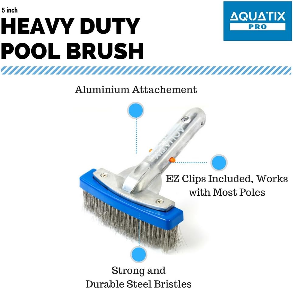 Aquatix Pro Heavy Duty 5" Pool Brush, Durable Stainless Steel Bristles, Aluminium Handle, Tackles & Cleans Stubborn Stains in Swimming Pools, Steps, Walls, Tiles, Best for Concrete & Gunite Surfaces
