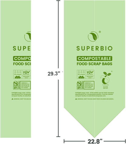 SUPERBIO 13 Gallon Compostable Kitchen Waste Bags with Handles, Food Scrap Bags Certified by BPI, OK compost INDUSTRIAL, 30 Count, 49.2L