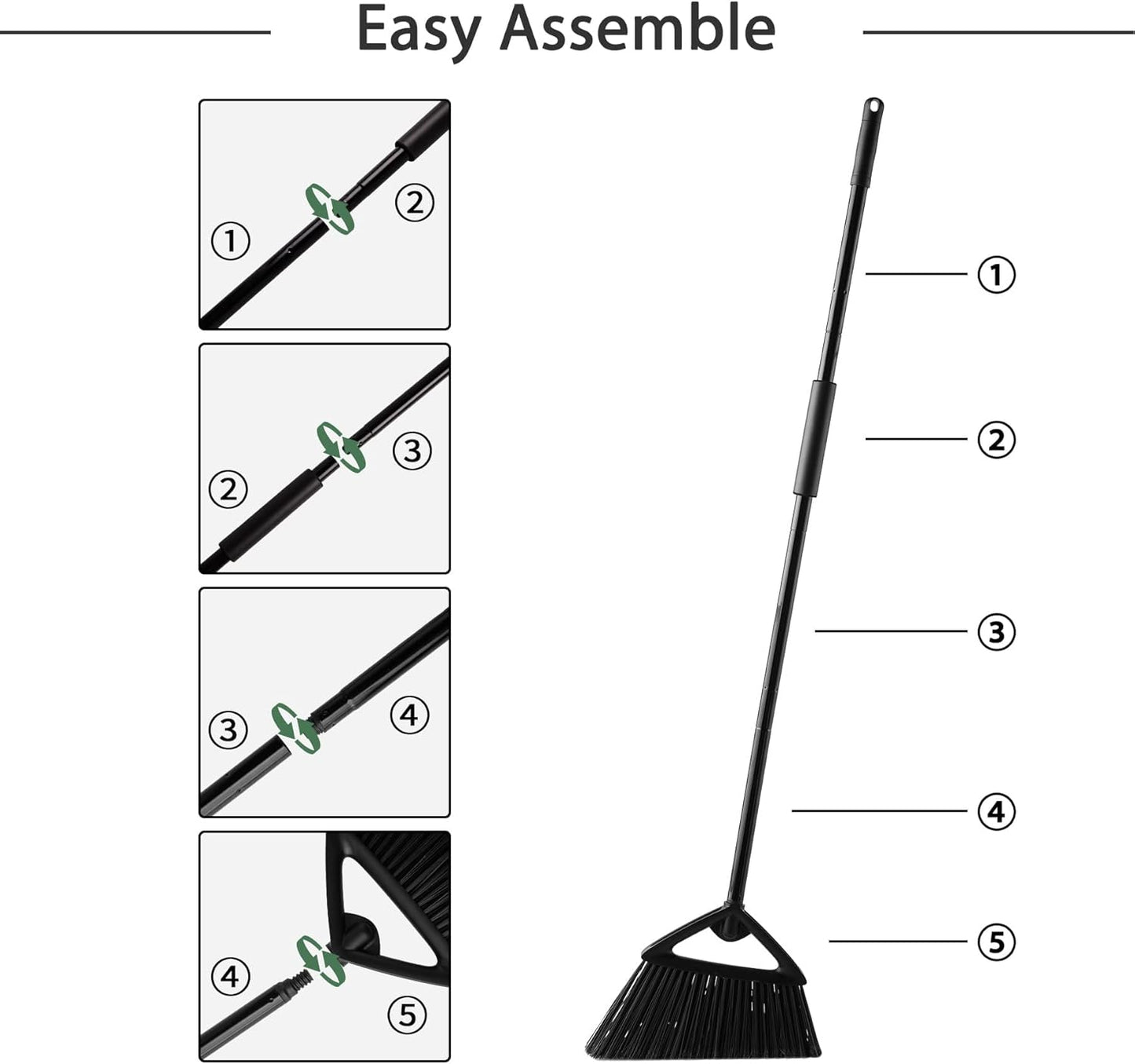 Eyliden Commercial Angle Broom and Dustpan Combo, with Long Handle and Lid, Lobby Dust Pan Sweep Set for Outdoor Garages Courtyard Sidewalks Decks Indoor Home Kitchen Room Office (Black Broom+Dustpan)