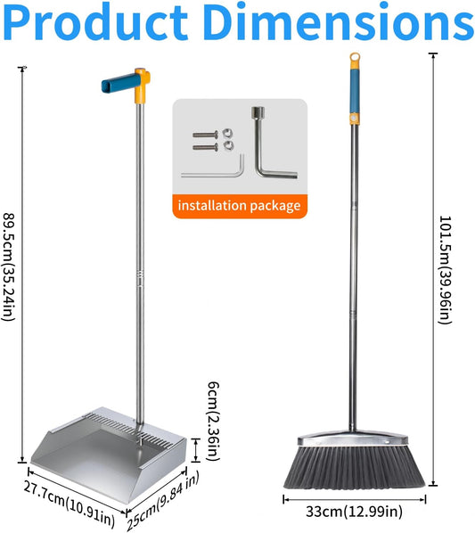 Heavy Duty 304 Stainless Steel Dustpan and Broom Set, Long Handle Self Standing Dust Pan with Wide Mouth Pet Hair Comb Teeth, Indoor Outdoor Cleaning Set for Kitchen Garage Office
