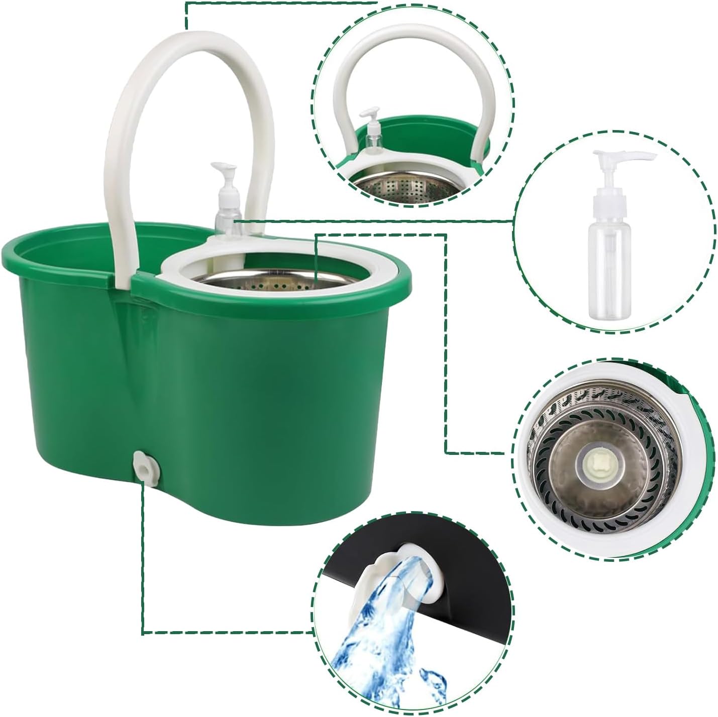 Spin Mop and Bucket with Wringer Set,for Floor Cleaning,with Floor Scrub Brush,61" Adjustable Handle and 6 Microfiber Mop Head(White)