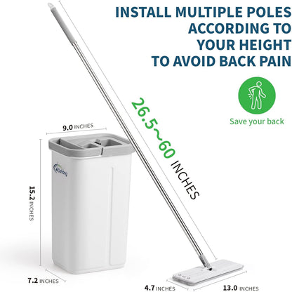 Oshang Flat Mop and Collapsible Bucket OG7 with Wheels, 2 Washable Reusable Microfiber Pads, Pure White