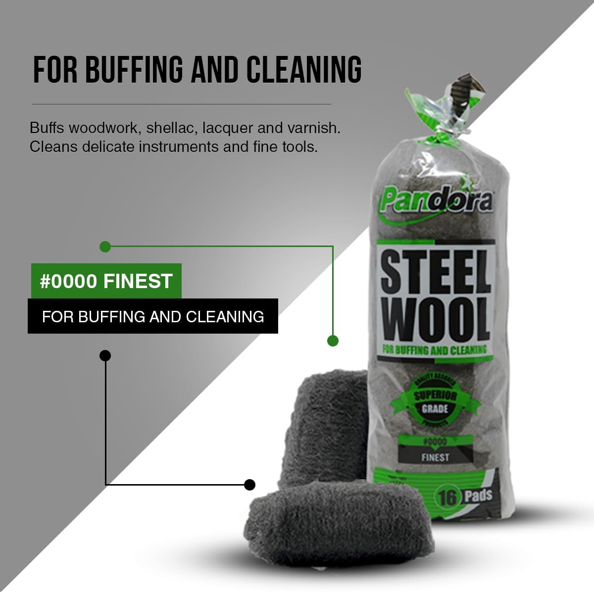 Pandora Steel Wool #2 – Coarse Grade, 16 Pads for Cleaning and Removing - Quality Metal Strands - Ideal to Remove Floor Scuff Marks and Old Wax