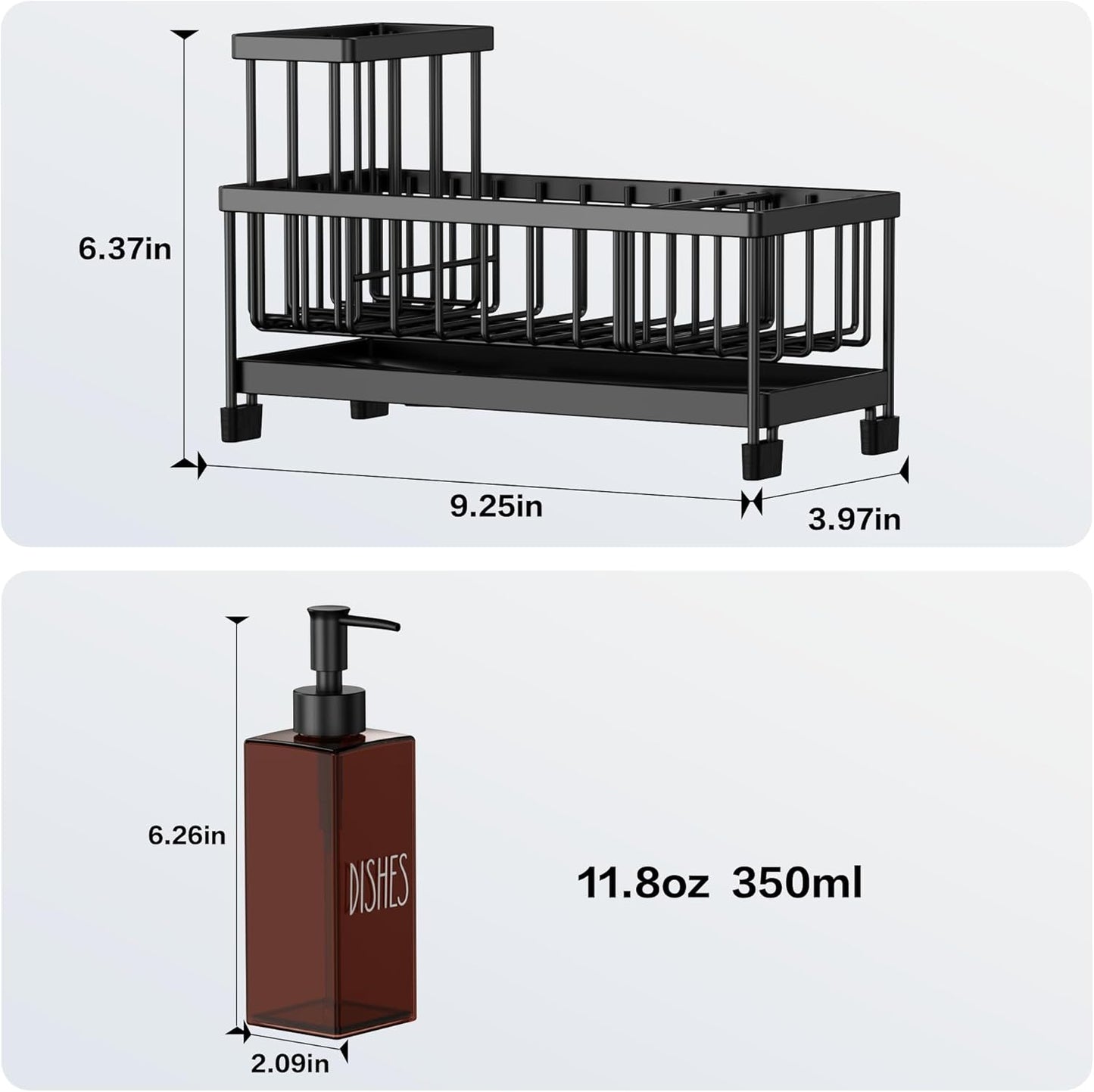 Cisily Kitchen Soap Dispenser Set with Sink Caddy, 12 Oz Glass Bottle, Hand and Dish Soap Dispenser Set with Sponge Holder, Black Stainless Steel Kitchen Countertop Sink Organizer Accessories