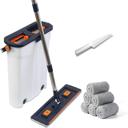 Mop and Bucket Set with Wringer Flat Mop Bucket System for Home Floor Cleaning,6 Reusable Microfiber Pads,Extended Stainless Steel Handle,Ideal for Hardwood,Wood,Laminate Floors,and Bathroom Mop