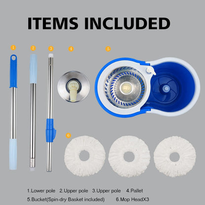 Spin Mop and Bucket with Wringer Set, 360° Spinning Mop Bucket System with 3 Microfiber Mop Replacement Heads and 50" Stainless Steel Adjustable Handle for Floor Cleaning