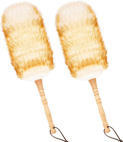 Lambswool Duster for Cleaning with Solid Wooden Handle Leather Hang Strap 87.8" Removable Retractable Feather Duster for Cleaning Ceiling Fans Window Blinds Interior Roof Furniture(2 Pack)