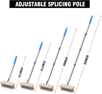 MAXMAN Stainless Steel Wire Scrub Brush with Long Handle, 63" Heavy Duty Large Wire Brush, Stiff Metal Bristle Floor Scrubber, Outdoor Patio Cleaning, Wire Broom for Deck, Concrete, Moss Removal
