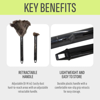 Retractable Feather Duster 8-14 in Adjustable - Natural Feather Dusters for Cleaning Ceiling Fans, Blinds, Plantation Shutters, Walls & Furniture - Quality Checked in USA - 1 Pack