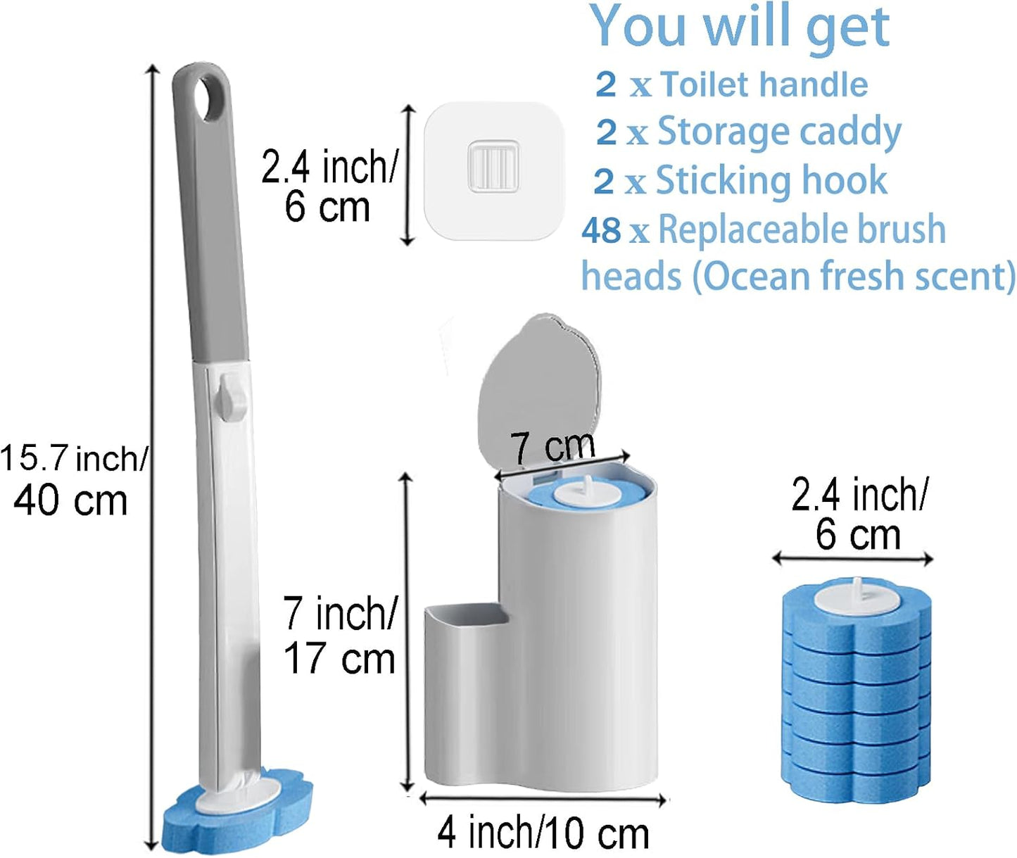 Disposable Toilet Brush， 2 Pack Toilet Wand and Holder with 54 Cleaner Refills Disposable Toilet Cleaning System Cleaner Pads for Toilet Bowl，Bathroom Cleaning，Sink，Bathtub - White