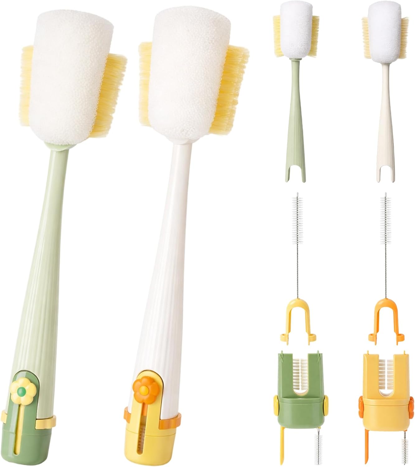2 PCS 5 in 1 Bottle Cleaning Brush, Multifunctional Cleaning Brush, Deep Clean Narrow Bottle Necks and Straws, Efficient Bottle Scrubber Brush for Home and Travel Use (Green and Yellow)