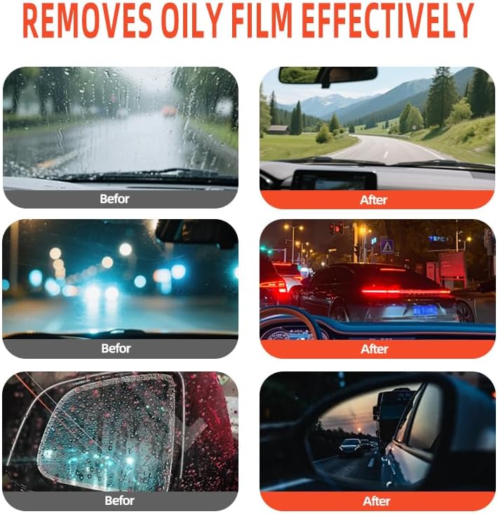 Glass Oil Film Remover for Car, Glass Compound with Cleaning Board, Oil Film Remover for Car Windshields and Windows,Removes oil film & Smudges, Improve Windshield Clarity for Safe Driving