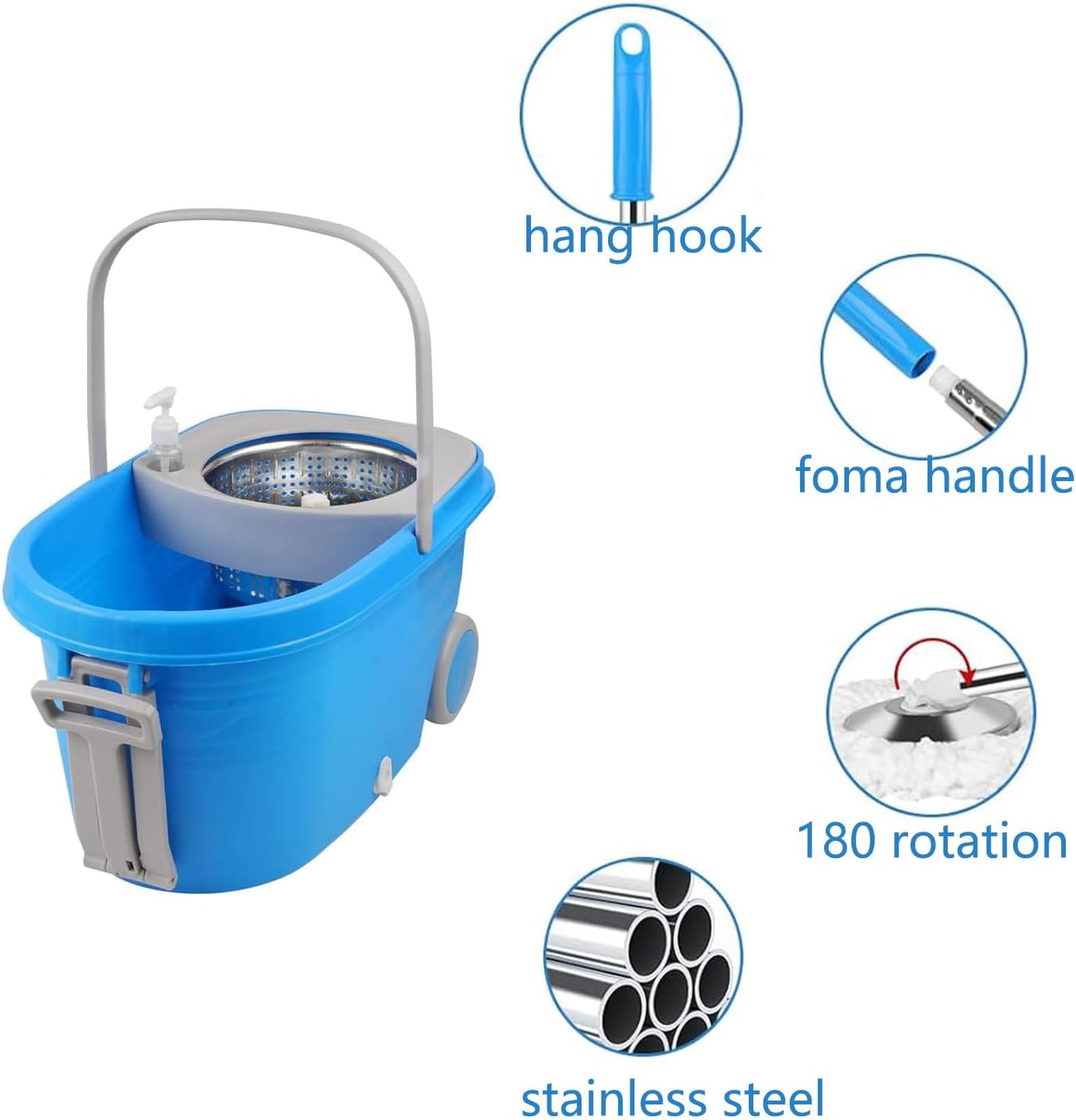 Spin Mop and Bucket with Wringer Set,for Floor Cleaning,with Floor Scrub Brush,61" Adjustable Handle and 6 Microfiber Mop Head(White)