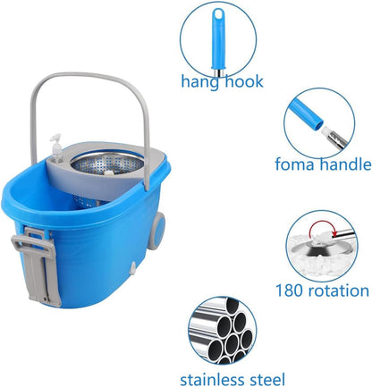 Spin Mop and Bucket with Wringer Set,for Floor Cleaning,with Floor Scrub Brush,61" Adjustable Handle and 6 Microfiber Mop Head(White)