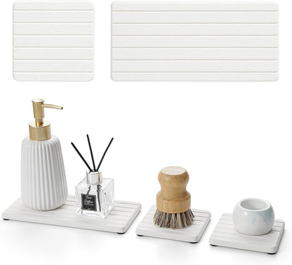 Fast Water Absorption Sink Organizer Tray Set, 3-Pack Compact and Space-Saving Stone Soap Holder Caddy for Kitchen & Bathroom Counter, Faucet Splash Guard, White (1pc of 8"x3.8" + 2pcs of 3.8"x3.8")