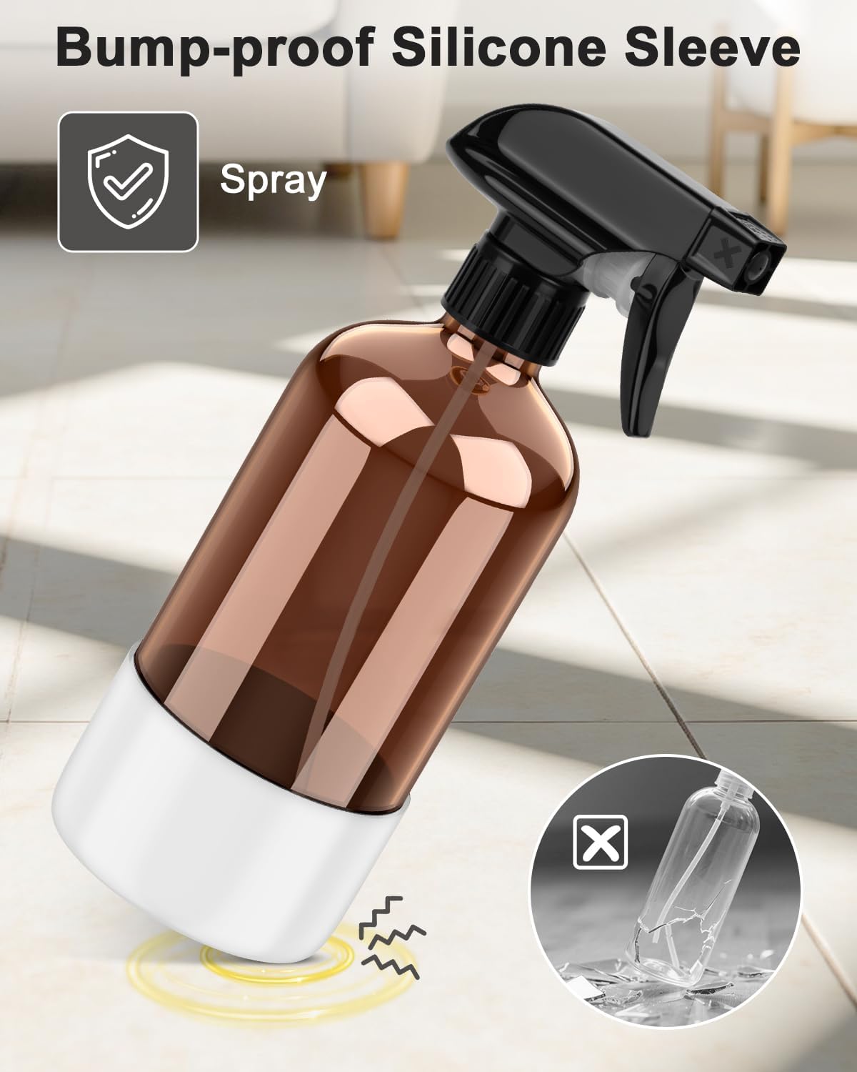 Bontip Amber Glass Spray Bottle with Silicone Sleeve Protection, 16 oz Refillable Spray Bottles for Cleaning Solutions, Plants, Aromatherapy, Facial Hydration (1, Black, 16 oz)