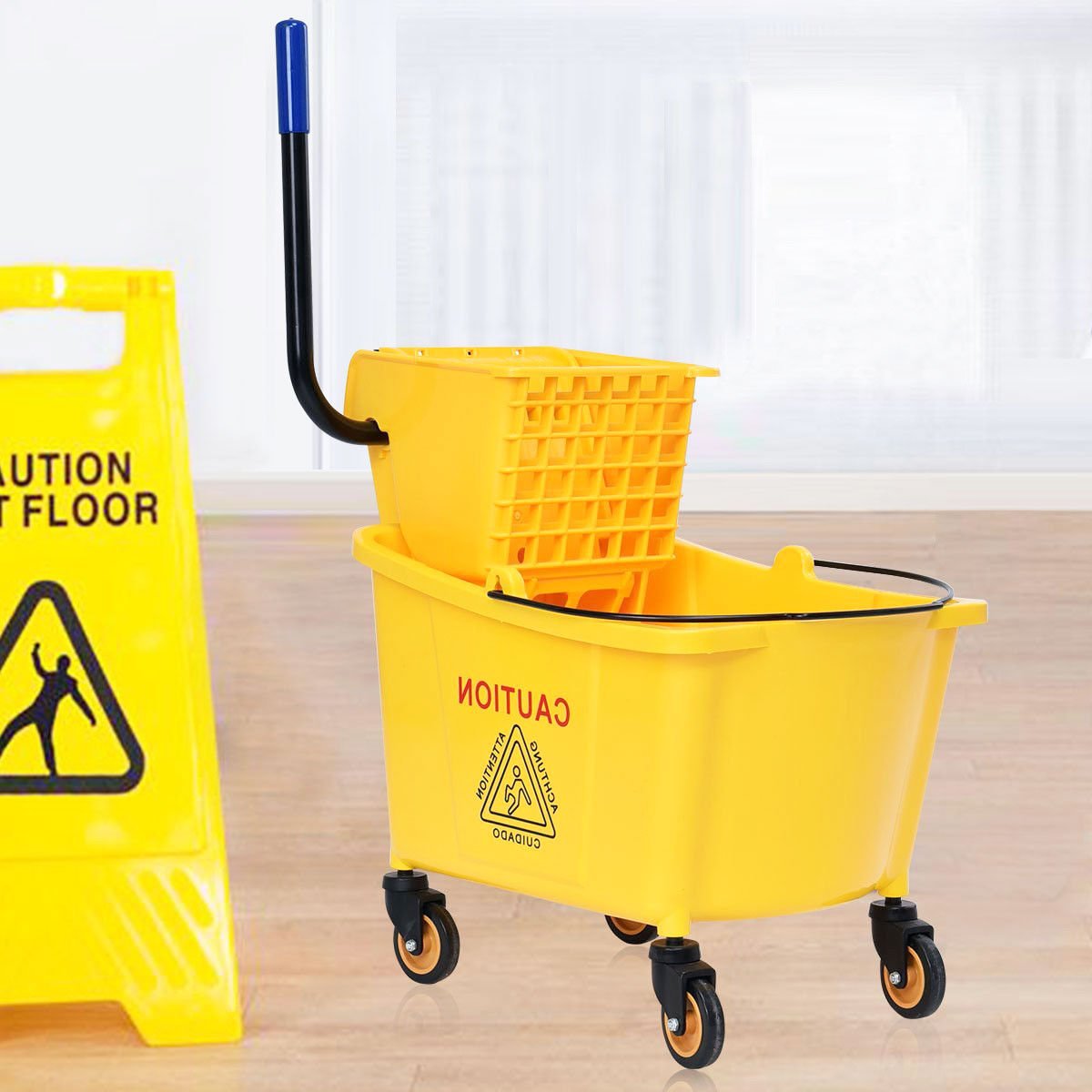 Giantex Side Press Wringer Commercial Mop Bucket, 35 Qt Larger Capacity Cleaning Caddy with Wheels, Yellow