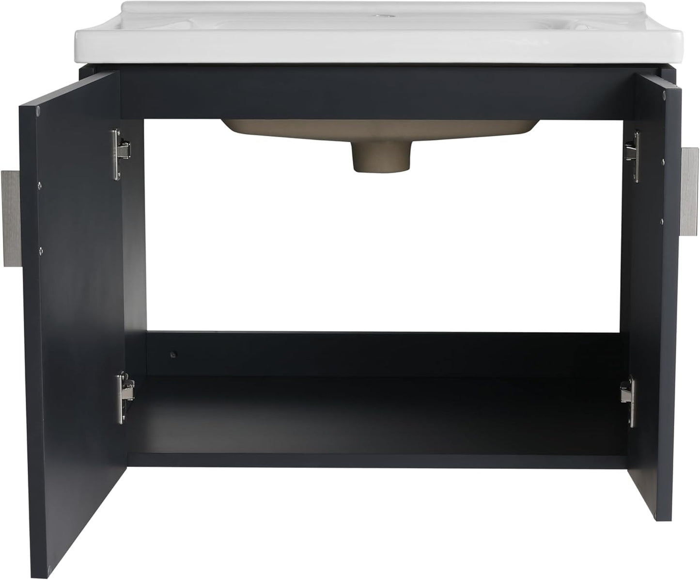 SSLine Modern 24-Inch Bathroom Vanity with Sink Wall Mounted Bathroom Vanity with Top Basin & Storage Cabinet White Wood Floating Vanity w/Ceramic Sink & Gold/Black Handles for Small Space