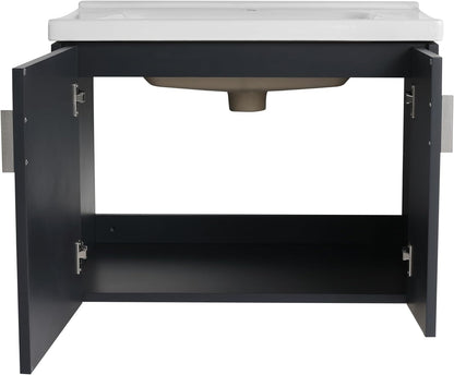 SSLine Modern 24-Inch Bathroom Vanity with Sink Wall Mounted Bathroom Vanity with Top Basin & Storage Cabinet White Wood Floating Vanity w/Ceramic Sink & Gold/Black Handles for Small Space