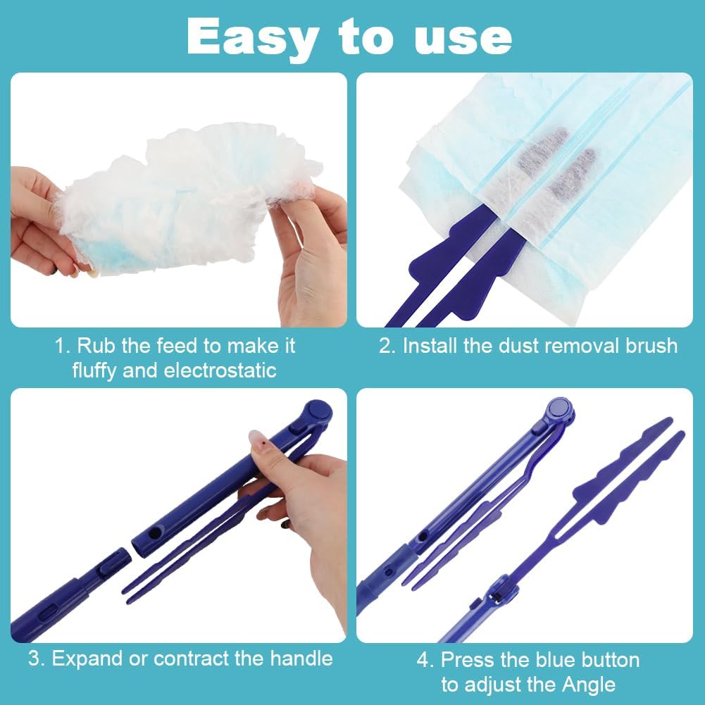 30 Count 360° Heavy Duty Duster Refills Compatible with Swiffers, Feather Duster Refill Disposable Dusters Kit with 2 Handles and 2 Crevice Brushes