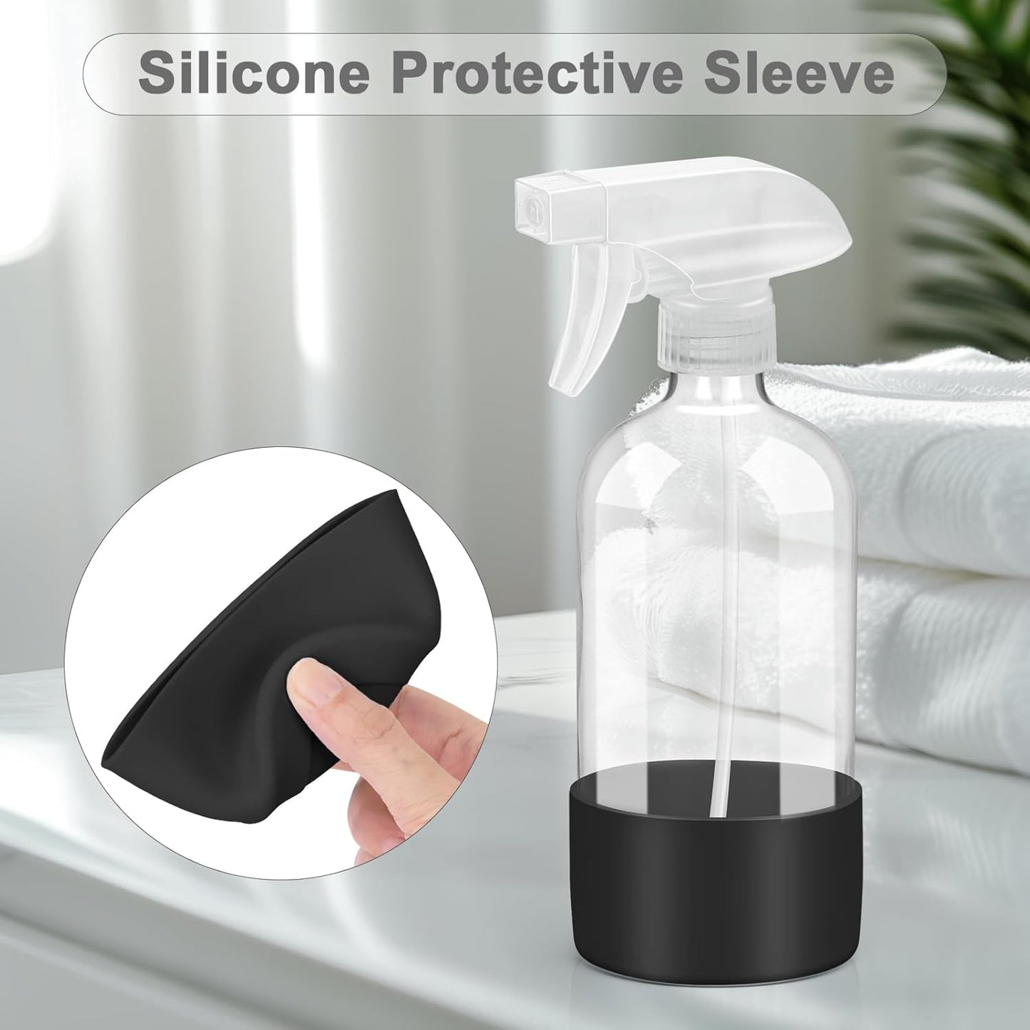 Worldgsb 2 Pack Glass Spray Bottles with Silicone Sleeve, 16 oz Empty Refillable Containers with Adjustable Spray Nozzles, Spray Bottles for Hair, Cleaning Solutions and Plants Blue&Grey