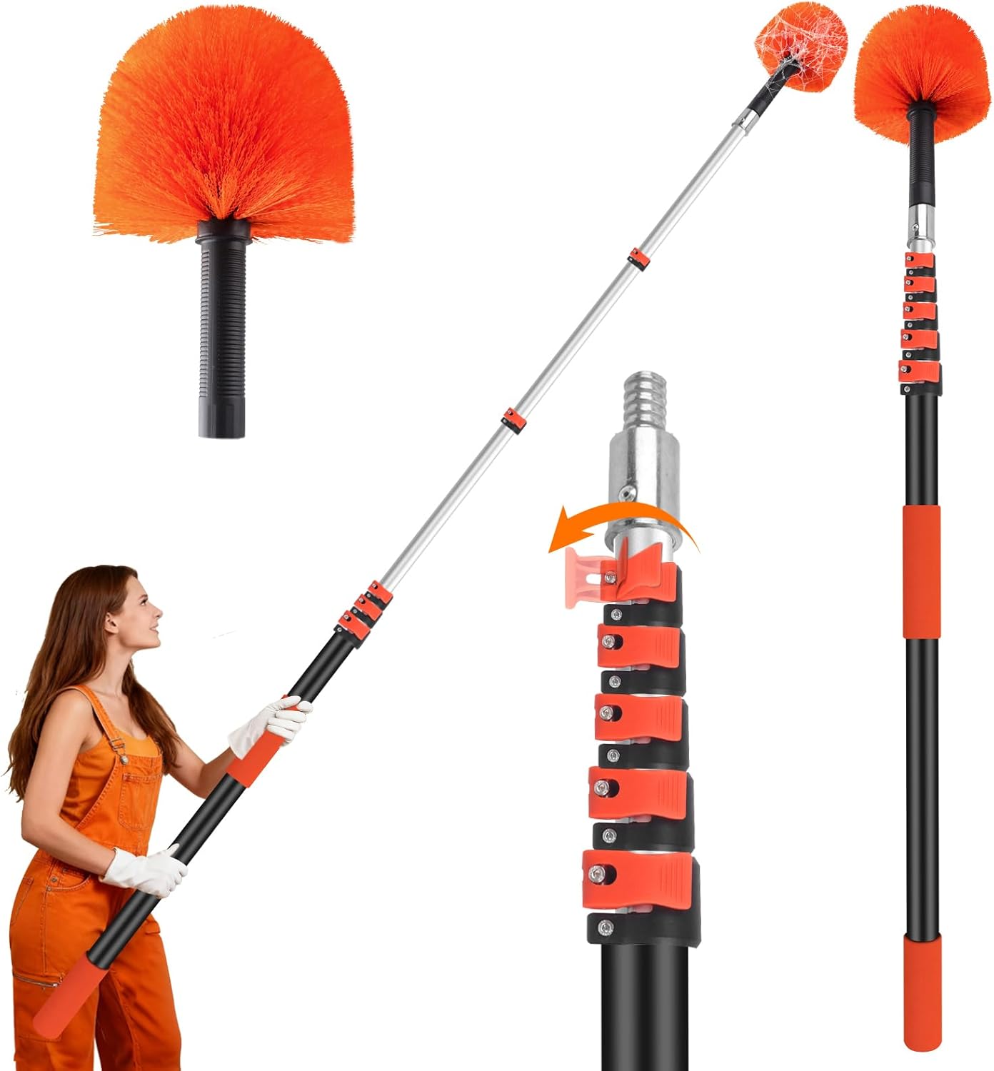 26FT Reach Cobweb Duster with Extension Pole - Spider Web Brush with 5-20 FT Telescopic Aluminum Pole, Washable & Reusable Soft Bristles for Cleaning High Ceiling Corner, Indoor, Outdoor