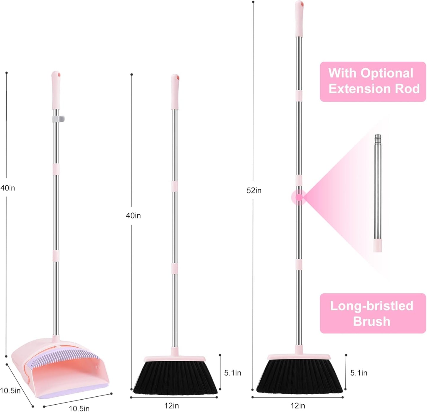 BSKLIN Pink Broom and Dustpan Set, 52-in Handle Broom Dustpan Combo Set Household Hand Broom with Dustpan Teeth to Clean Hair for Home Kitchen Office Lobby Sweeping Indoor（Pink）