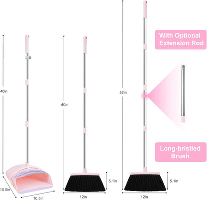 BSKLIN Pink Broom and Dustpan Set, 52-in Handle Broom Dustpan Combo Set Household Hand Broom with Dustpan Teeth to Clean Hair for Home Kitchen Office Lobby Sweeping Indoor（Pink）