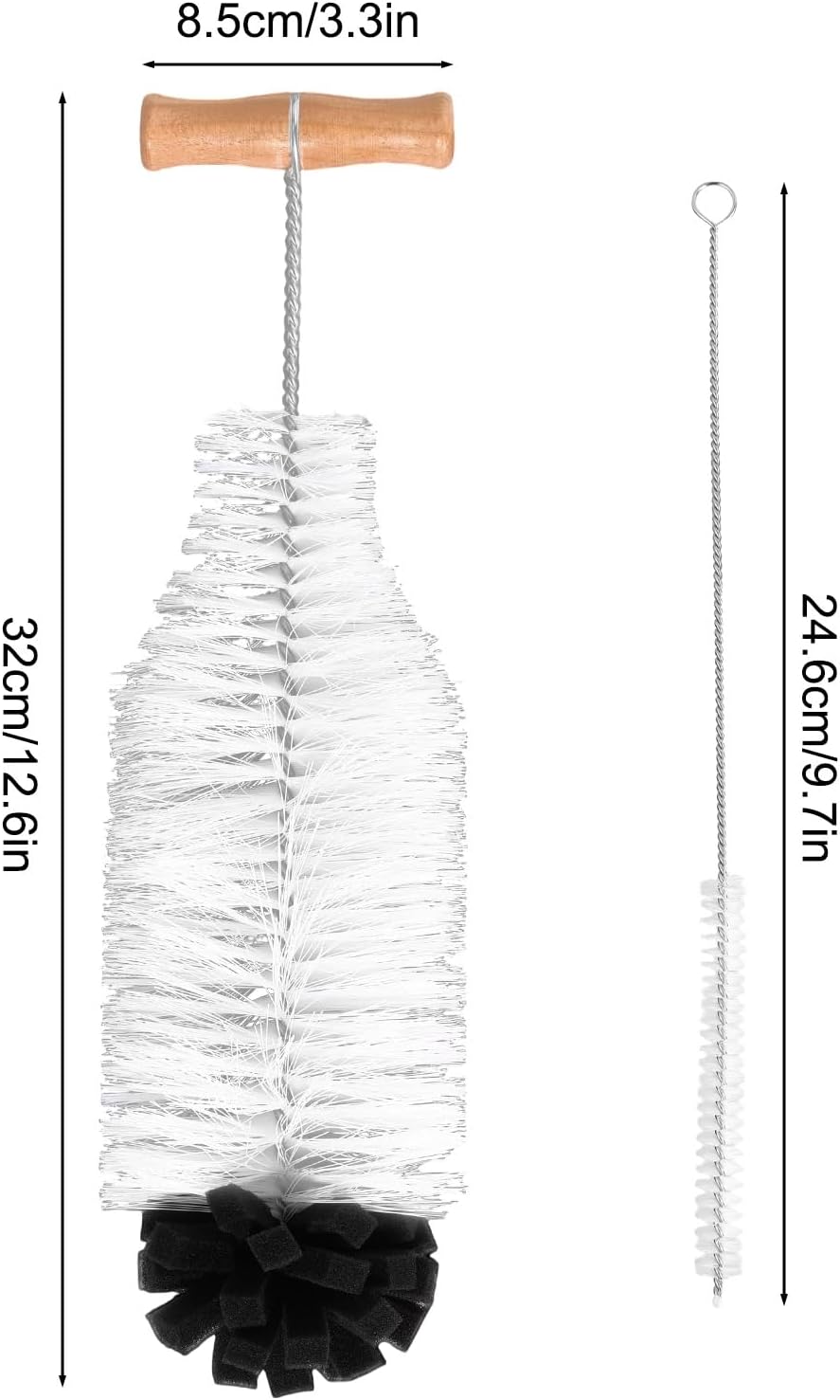 2pcs Water Bottle Cleaning Brush Set, Long Wooden Handle Brush with Straw Cleaner Water Bottle Cleaning Kit for Stanley Cup Tumblers Travel Mugs & Other Bottles
