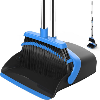 NACENA Broom and Dustpan Set, 52-in Long Adjustable Handle Broom Dustpan Combo with Dustpan Teeth to Automatically Clean Hair Suitable for Home Kitchen Office Hall Floor（Black&Red）