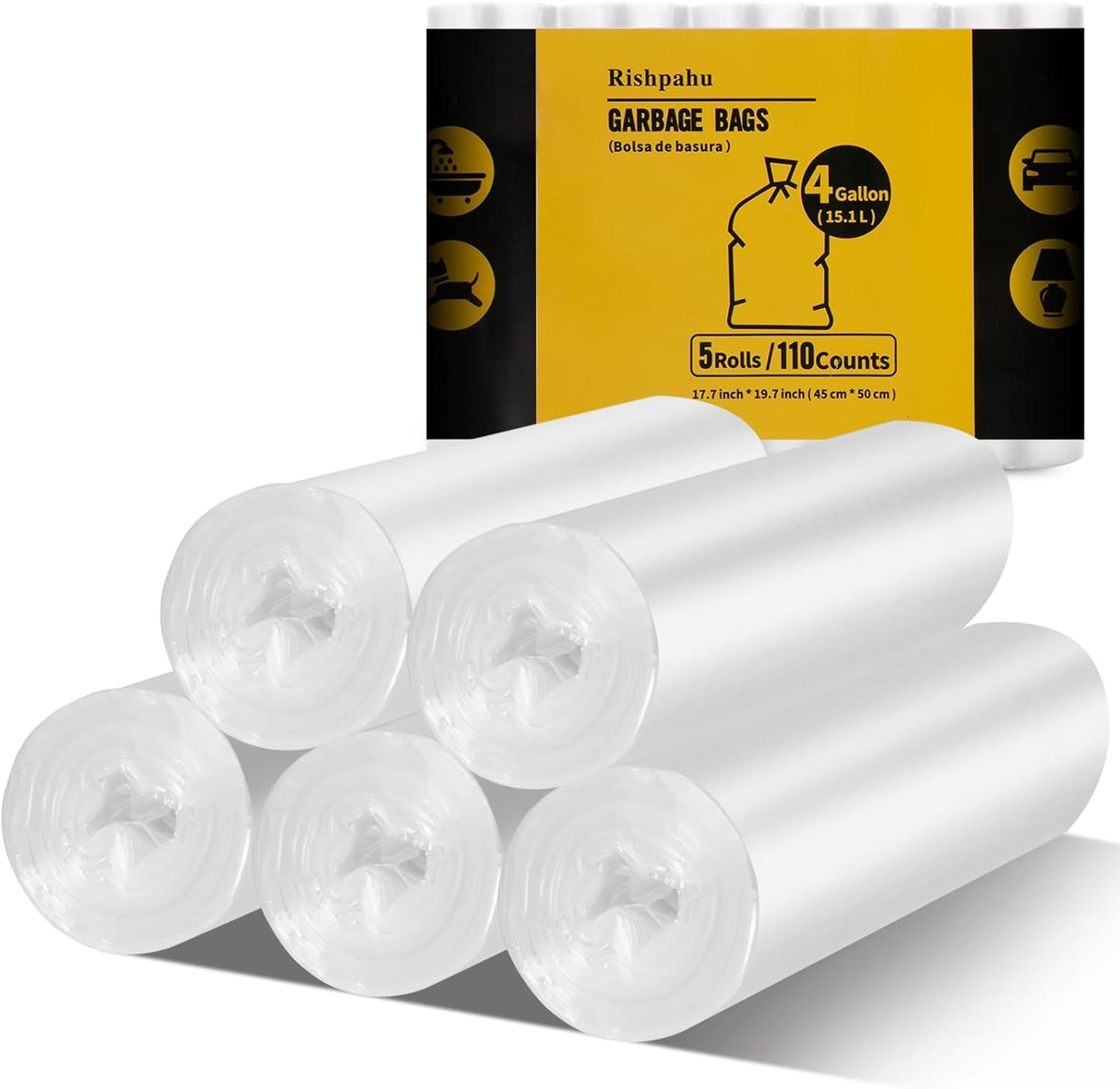 220Counts Small Trash Bags 4 Gallon, Flexible & Durable Small Garbage Bags, Unscented & Easy Tearing 4 Gallon Trash Bag for Kitchen, Bathroom, Bedroom, Office, Transparent,0.3Mil