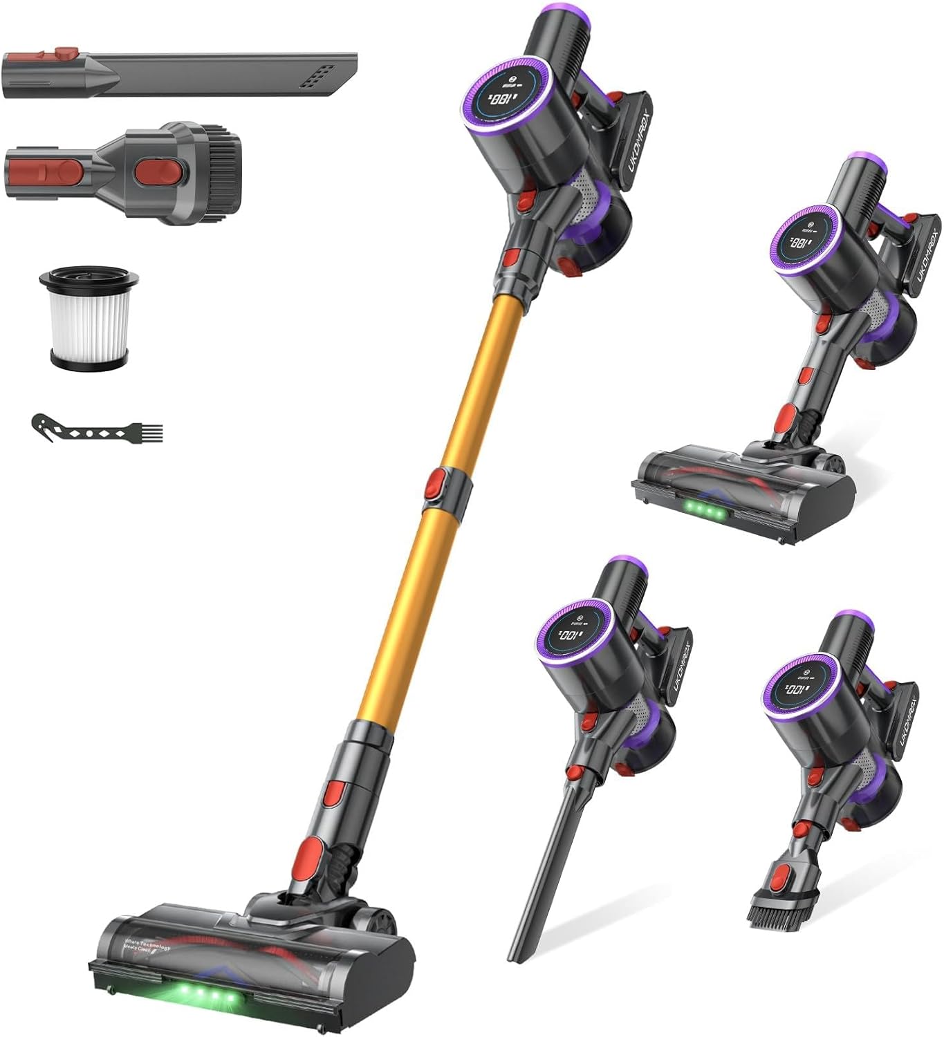 Cordless Vacuum Cleaner, 550W 50KPa 45Mins Vacuum Cleaners for Home, Self-Standing Stick Vacuum with Anti-Tangle Brush & LED Display for Hardwood Floors, Carpet, Pet Hair, Car