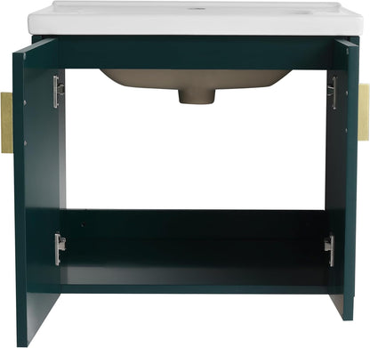 SSLine Modern 24-Inch Bathroom Vanity with Sink Wall Mounted Bathroom Vanity with Top Basin & Storage Cabinet White Wood Floating Vanity w/Ceramic Sink & Gold/Black Handles for Small Space