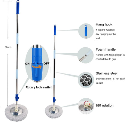 Mop and Bucket Set, 360° Spin Mop and Bucket with Wringer Set and 3 Microfiber Mop Refills, Stainless Steel 61" Extended Handle Spinning Mop Bucket System for Floor Cleaning