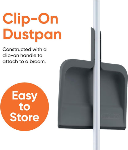 Superio Clip-On Dustpan with Rubber Lip - 10-inch Wide Durable Plastic Dust Pan with Comfort Grip Handle, White, 1-Pack